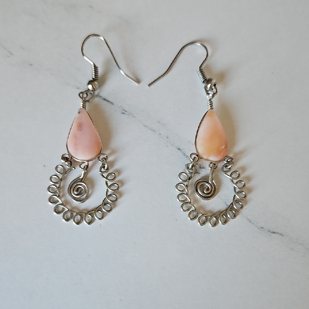 Pink Teardrop Silver Filigree Dangle Earrings - Unbranded